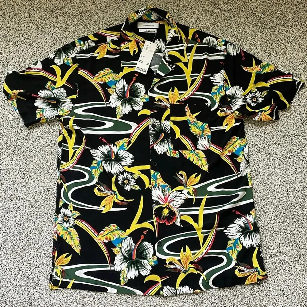 Urban Outfitters Men’s Sz M Short Sleeve Button Down Hawaiian Shirt Blk Yellow